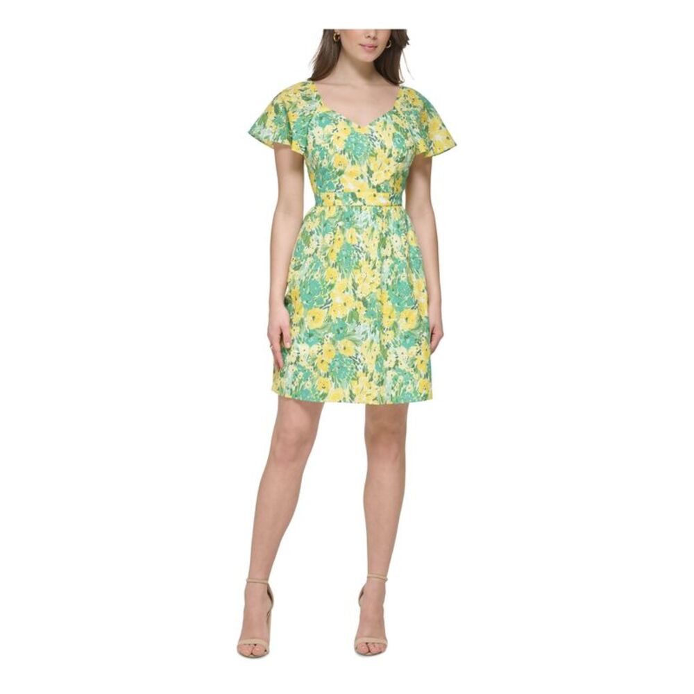 KENSIE DRESSES Womens White Banded Waist Lined Flutter Sleeve Short Dress 4